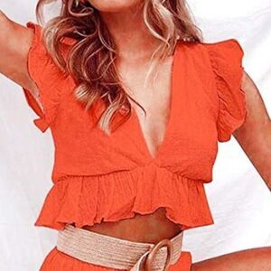 Fancylynn Tangerine Orange Ruffle Deep V Front Crop Top